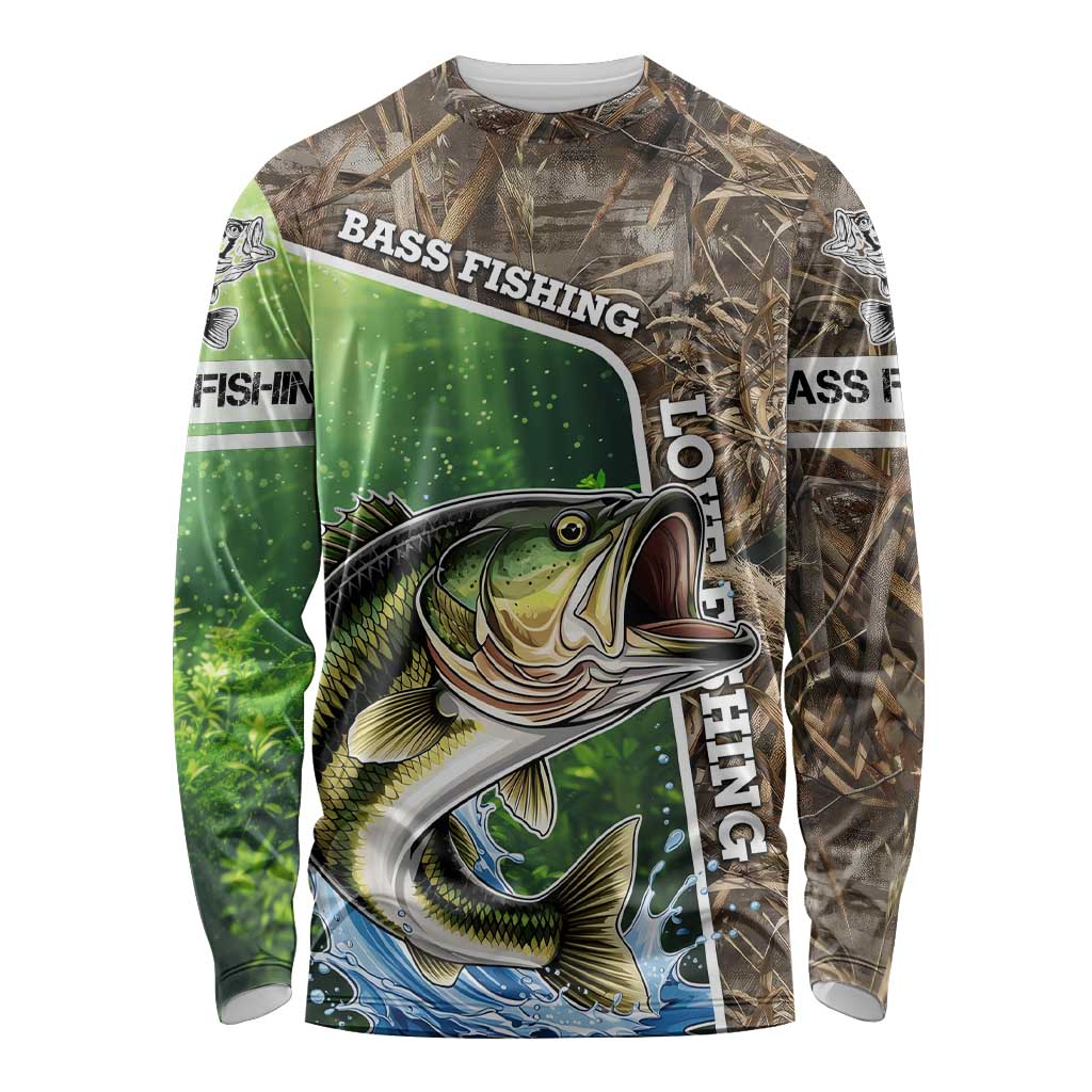 Personalized Bass Fishing Design Long Sleeve Shirt Leaping Fish Graphic and Camouflage Green Water Splash Print - Wonder Print Shop