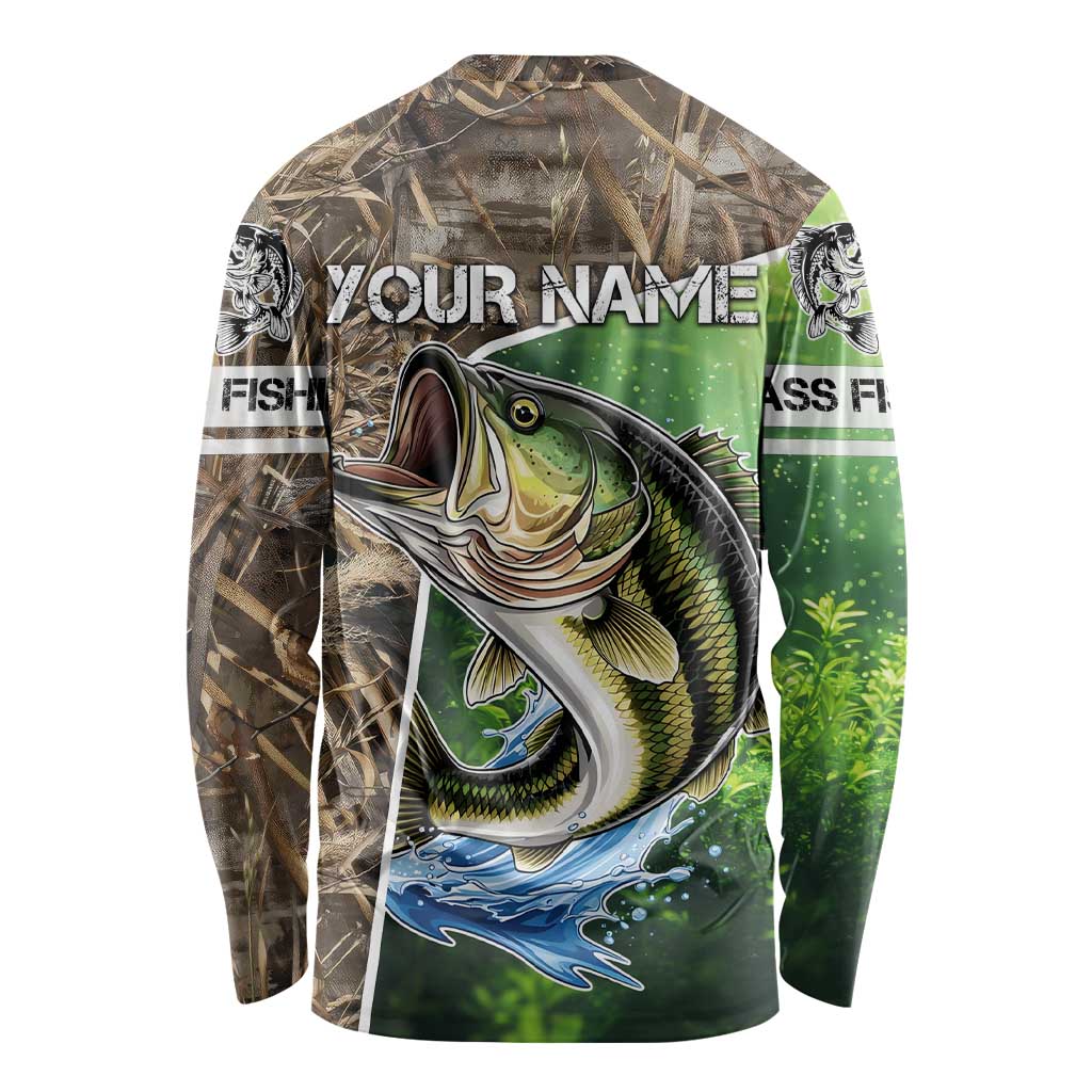 Personalized Bass Fishing Design Long Sleeve Shirt Leaping Fish Graphic and Camouflage Green Water Splash Print - Wonder Print Shop