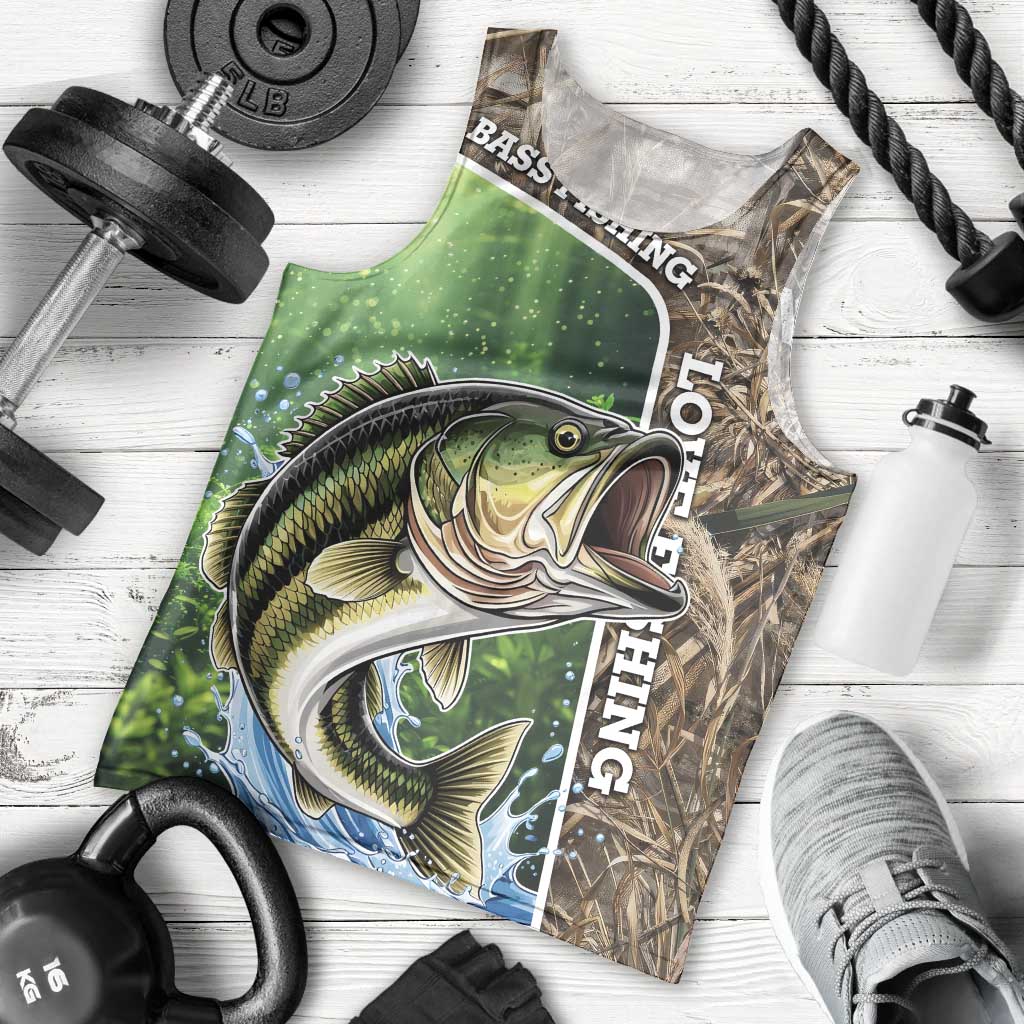 Personalized Bass Fishing Design Men Tank Top Leaping Fish Graphic and Camouflage Green Water Splash Print - Wonder Print Shop