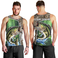Personalized Bass Fishing Design Men Tank Top Leaping Fish Graphic and Camouflage Green Water Splash Print - Wonder Print Shop