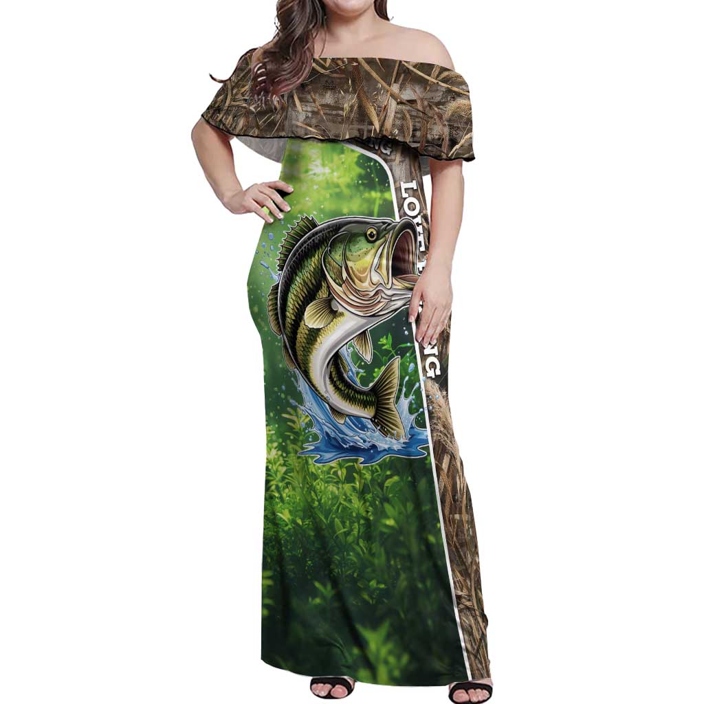 Personalized Bass Fishing Design Off Shoulder Maxi Dress Leaping Fish Graphic and Camouflage Green Water Splash Print - Wonder Print Shop