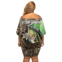 Personalized Bass Fishing Design Off Shoulder Short Dress Leaping Fish Graphic and Camouflage Green Water Splash Print - Wonder Print Shop