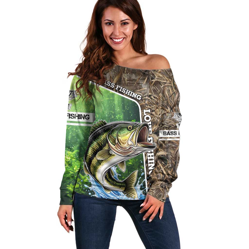 Personalized Bass Fishing Design Off Shoulder Sweater Leaping Fish Graphic and Camouflage Green Water Splash Print - Wonder Print Shop