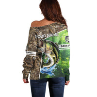 Personalized Bass Fishing Design Off Shoulder Sweater Leaping Fish Graphic and Camouflage Green Water Splash Print - Wonder Print Shop