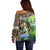 Personalized Bass Fishing Design Off Shoulder Sweater Leaping Fish Graphic and Camouflage Green Water Splash Print - Wonder Print Shop