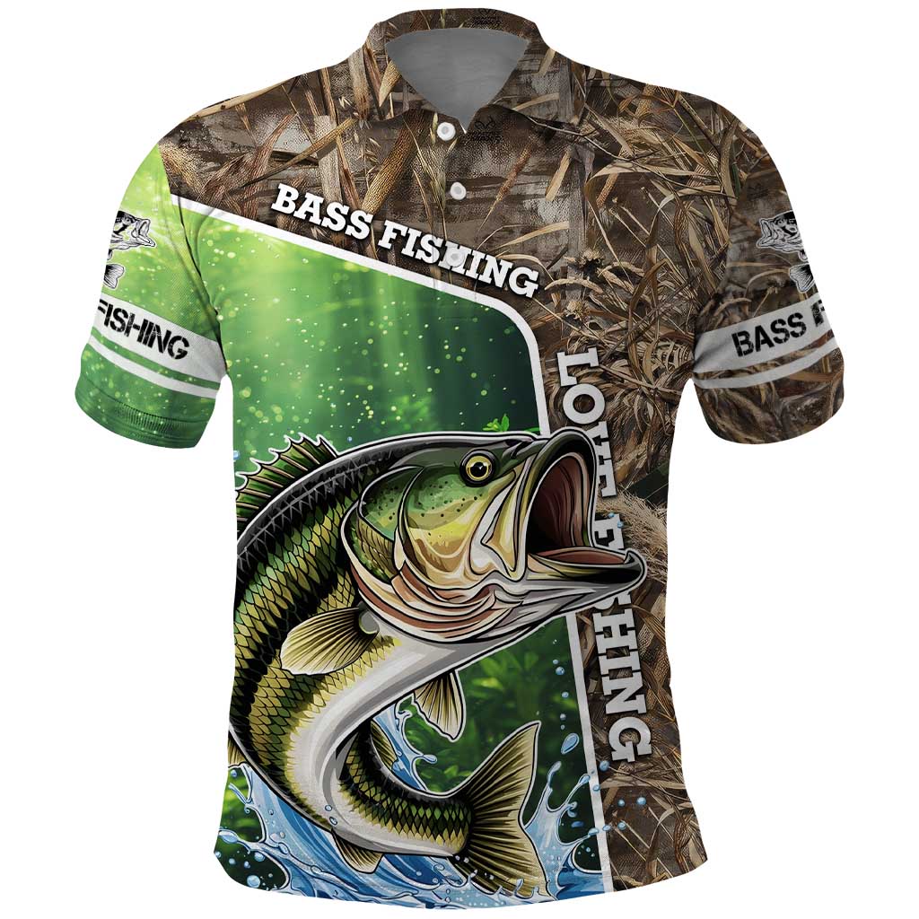 Personalized Bass Fishing Design Polo Shirt Leaping Fish Graphic and Camouflage Green Water Splash Print - Wonder Print Shop