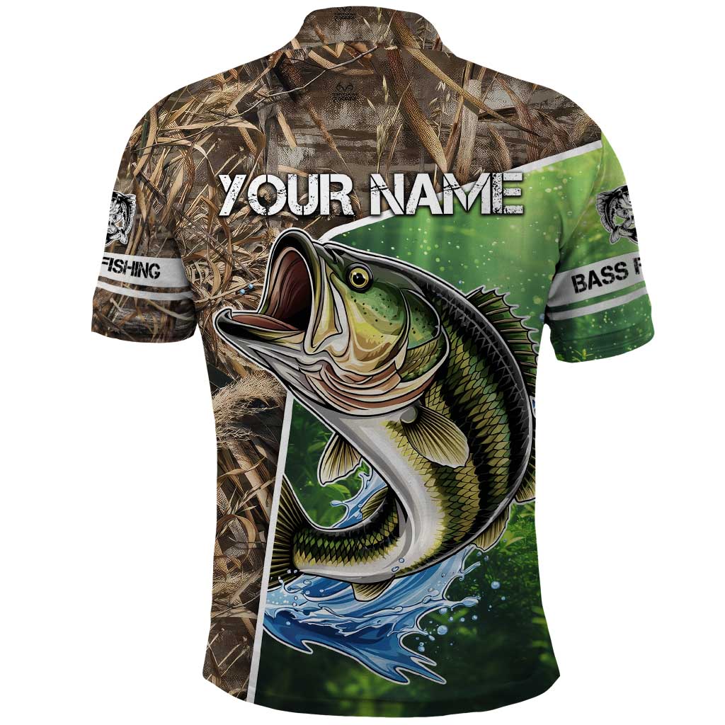 Personalized Bass Fishing Design Polo Shirt Leaping Fish Graphic and Camouflage Green Water Splash Print - Wonder Print Shop