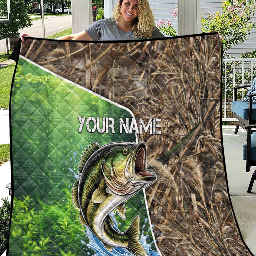Personalized Bass Fishing Design Quilt Leaping Fish Graphic and Camouflage Green Water Splash Print - Wonder Print Shop