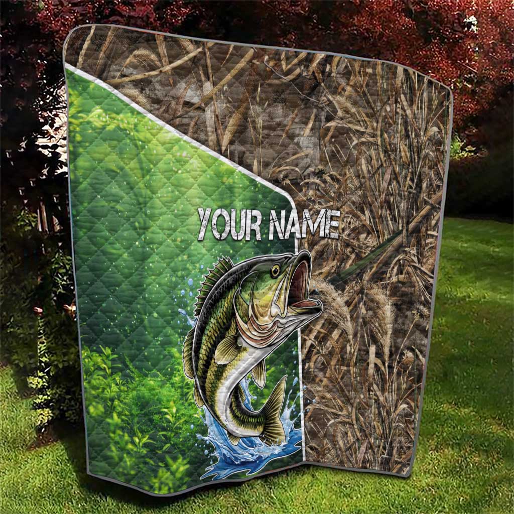 Personalized Bass Fishing Design Quilt Leaping Fish Graphic and Camouflage Green Water Splash Print - Wonder Print Shop