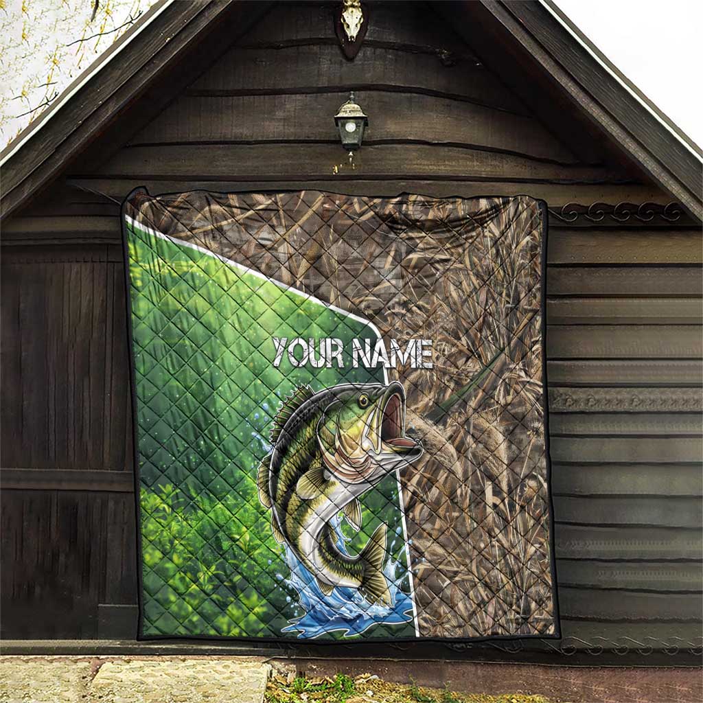 Personalized Bass Fishing Design Quilt Leaping Fish Graphic and Camouflage Green Water Splash Print - Wonder Print Shop
