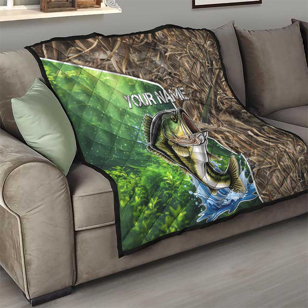 Personalized Bass Fishing Design Quilt Leaping Fish Graphic and Camouflage Green Water Splash Print - Wonder Print Shop
