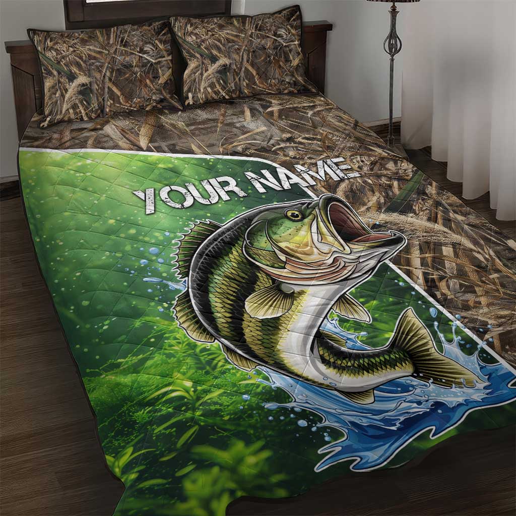 Personalized Bass Fishing Design Quilt Bed Set Leaping Fish Graphic and Camouflage Green Water Splash Print - Wonder Print Shop