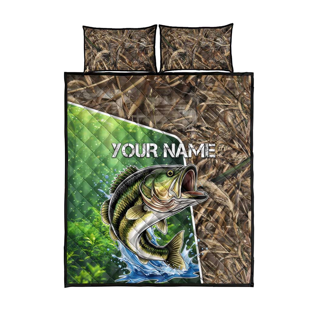 Personalized Bass Fishing Design Quilt Bed Set Leaping Fish Graphic and Camouflage Green Water Splash Print - Wonder Print Shop