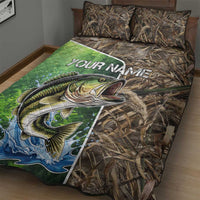 Personalized Bass Fishing Design Quilt Bed Set Leaping Fish Graphic and Camouflage Green Water Splash Print - Wonder Print Shop