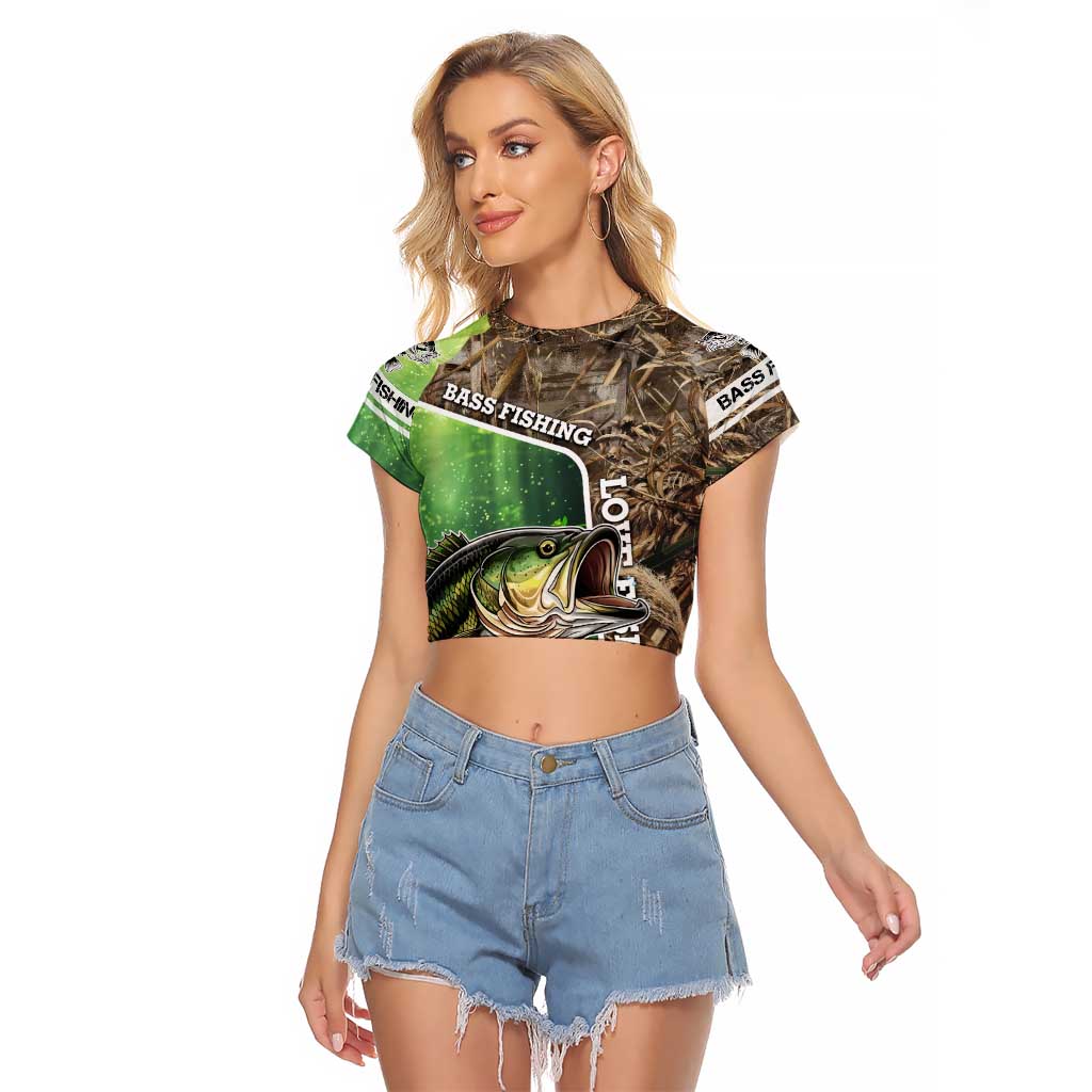 Personalized Bass Fishing Design Raglan Cropped T Shirt Leaping Fish Graphic and Camouflage Green Water Splash Print - Wonder Print Shop