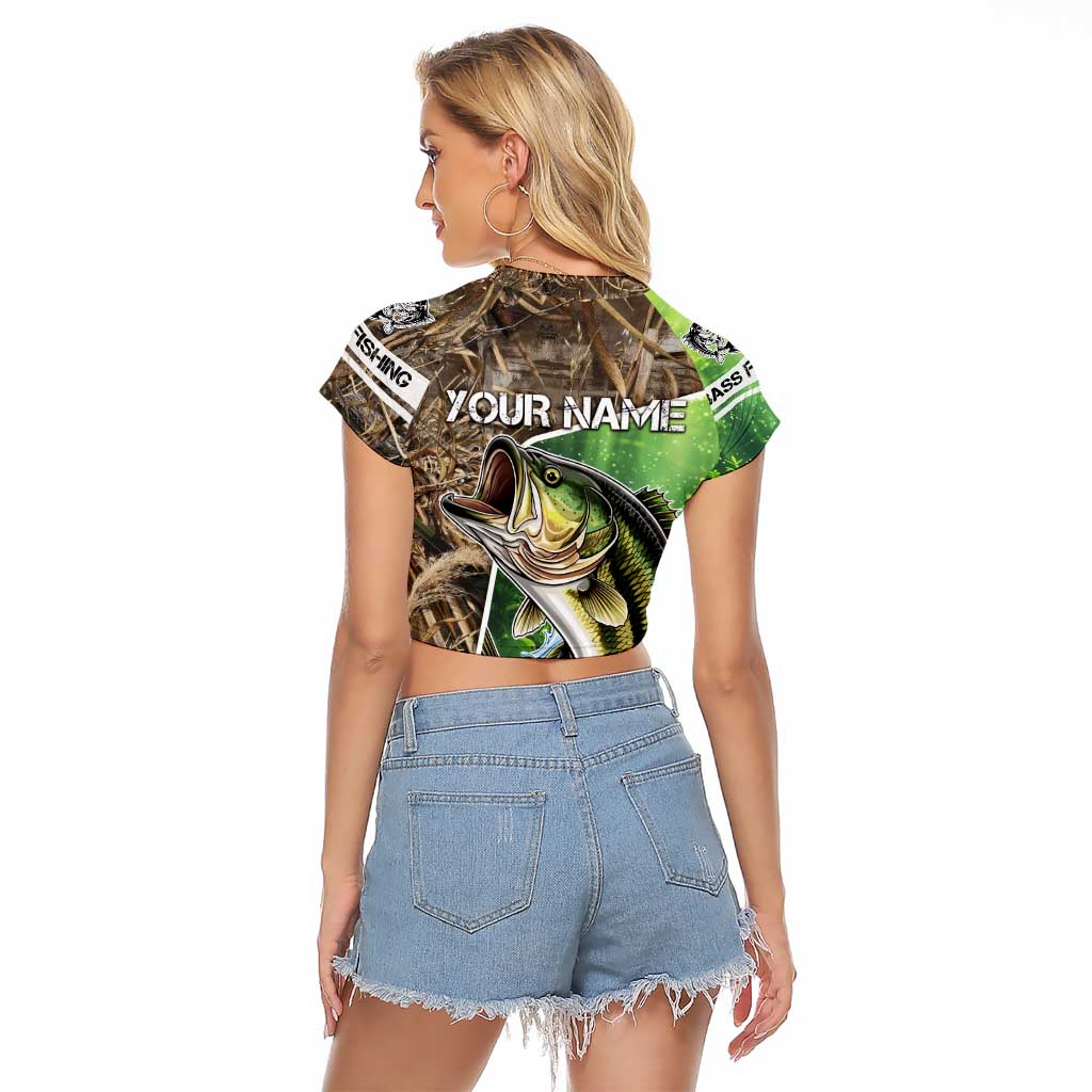 Personalized Bass Fishing Design Raglan Cropped T Shirt Leaping Fish Graphic and Camouflage Green Water Splash Print - Wonder Print Shop
