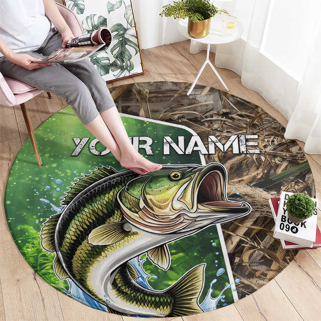 Personalized Bass Fishing Design Round Carpet Leaping Fish Graphic and Camouflage Green Water Splash Print - Wonder Print Shop