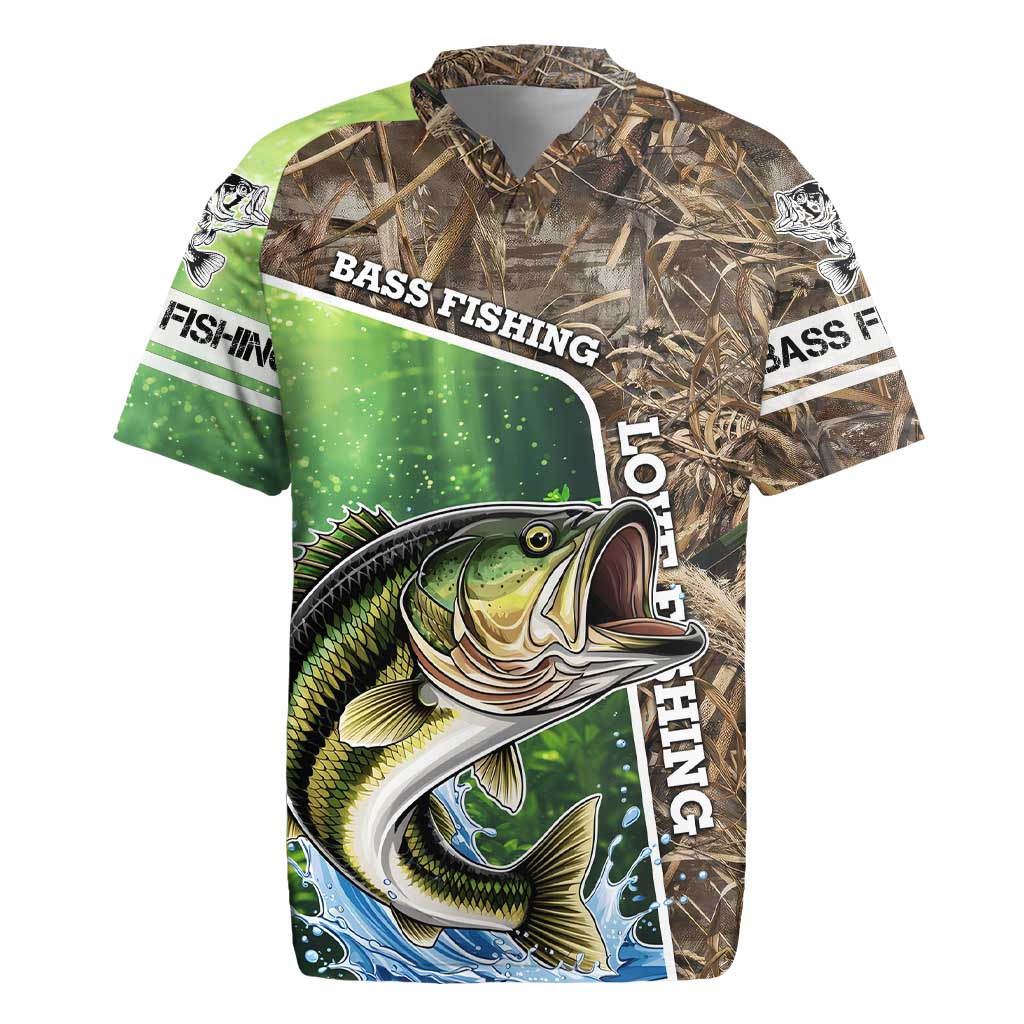 Personalized Bass Fishing Design Rugby Jersey Leaping Fish Graphic and Camouflage Green Water Splash Print - Wonder Print Shop