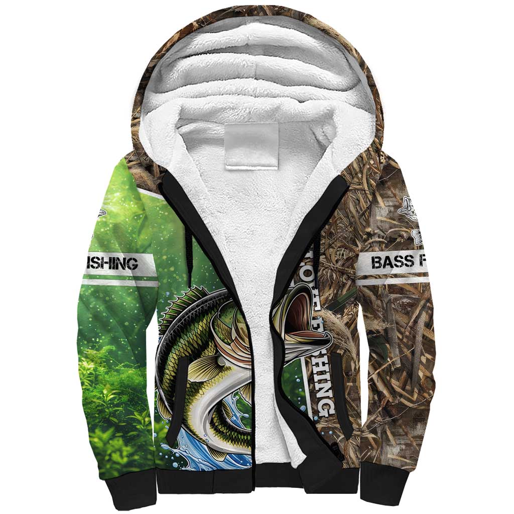 Personalized Bass Fishing Design Sherpa Hoodie Leaping Fish Graphic and Camouflage Green Water Splash Print - Wonder Print Shop