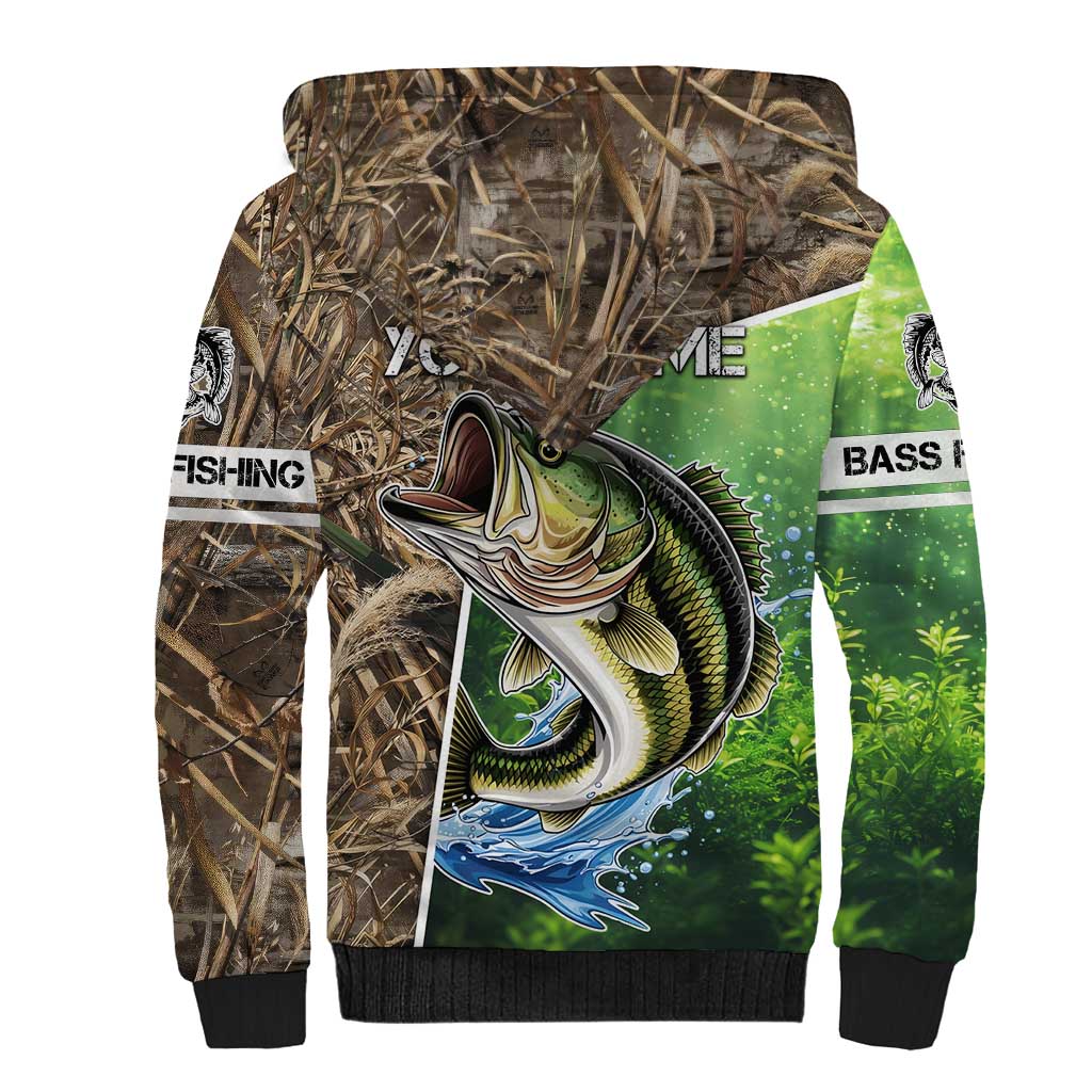 Personalized Bass Fishing Design Sherpa Hoodie Leaping Fish Graphic and Camouflage Green Water Splash Print - Wonder Print Shop