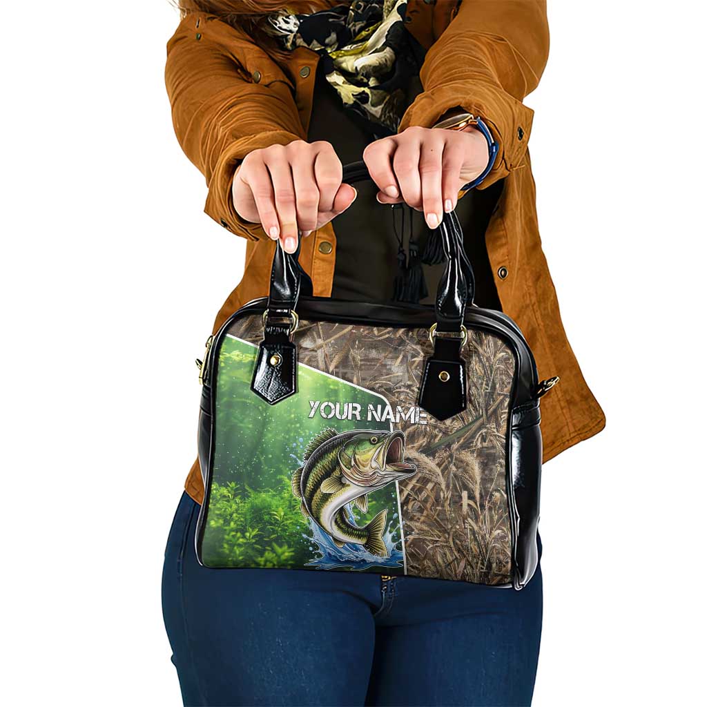 Personalized Bass Fishing Design Shoulder Handbag Leaping Fish Graphic and Camouflage Green Water Splash Print - Wonder Print Shop