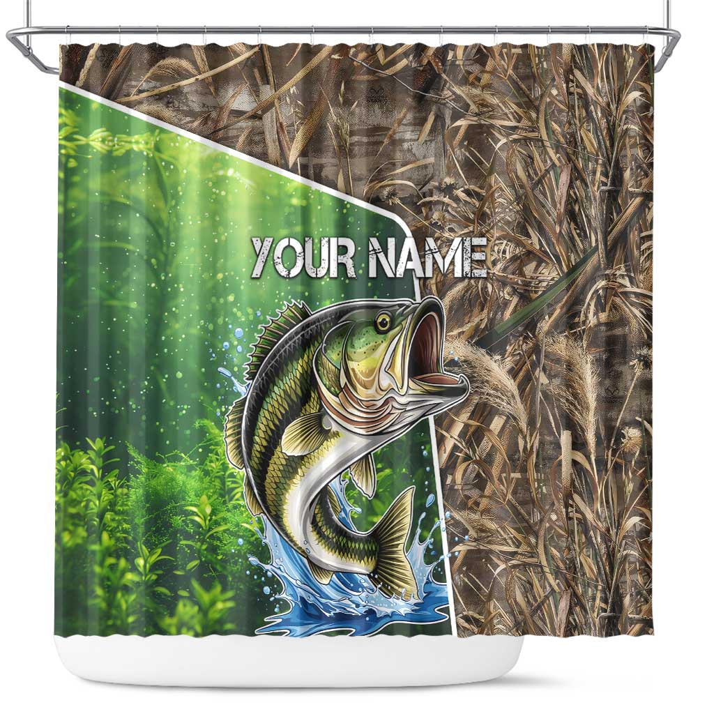 Personalized Bass Fishing Design Shower Curtain Leaping Fish Graphic and Camouflage Green Water Splash Print - Wonder Print Shop
