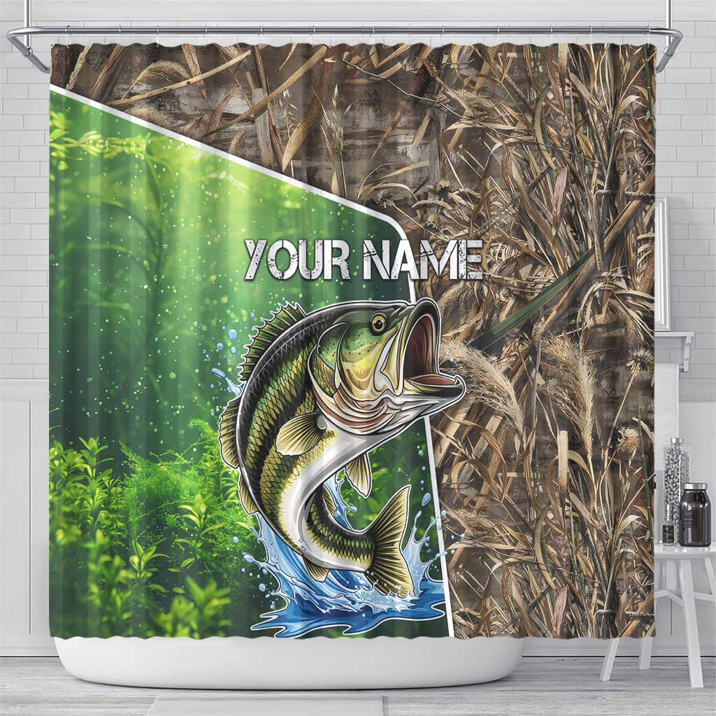 Personalized Bass Fishing Design Shower Curtain Leaping Fish Graphic and Camouflage Green Water Splash Print - Wonder Print Shop