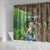 Personalized Bass Fishing Design Shower Curtain Leaping Fish Graphic and Camouflage Green Water Splash Print - Wonder Print Shop
