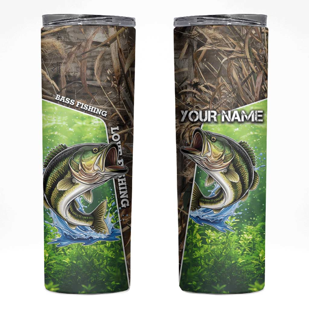 Personalized Bass Fishing Design Skinny Tumbler Leaping Fish Graphic and Camouflage Green Water Splash Print - Wonder Print Shop