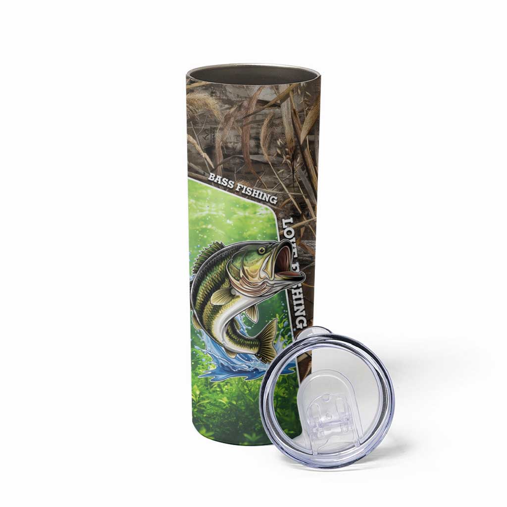 Personalized Bass Fishing Design Skinny Tumbler Leaping Fish Graphic and Camouflage Green Water Splash Print - Wonder Print Shop