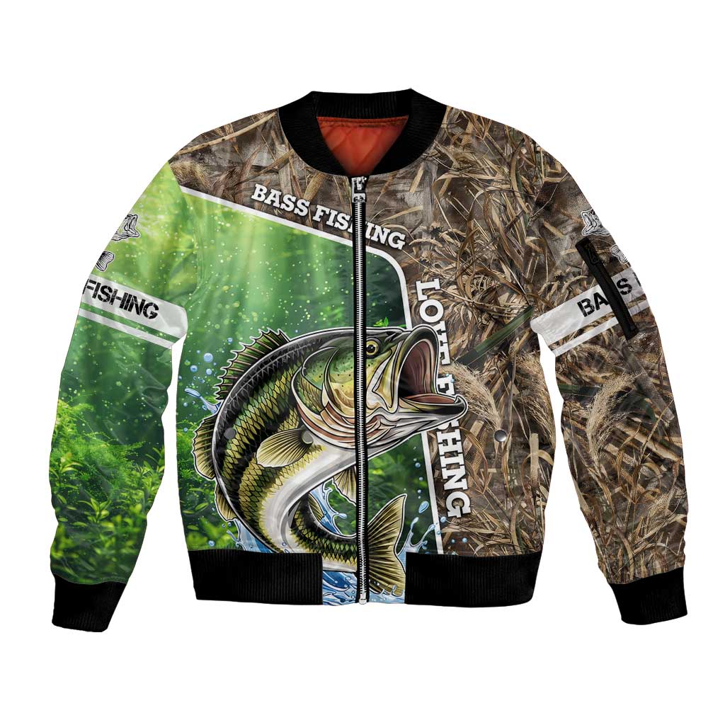 Personalized Bass Fishing Design Sleeve Zip Bomber Jacket Leaping Fish Graphic and Camouflage Green Water Splash Print - Wonder Print Shop