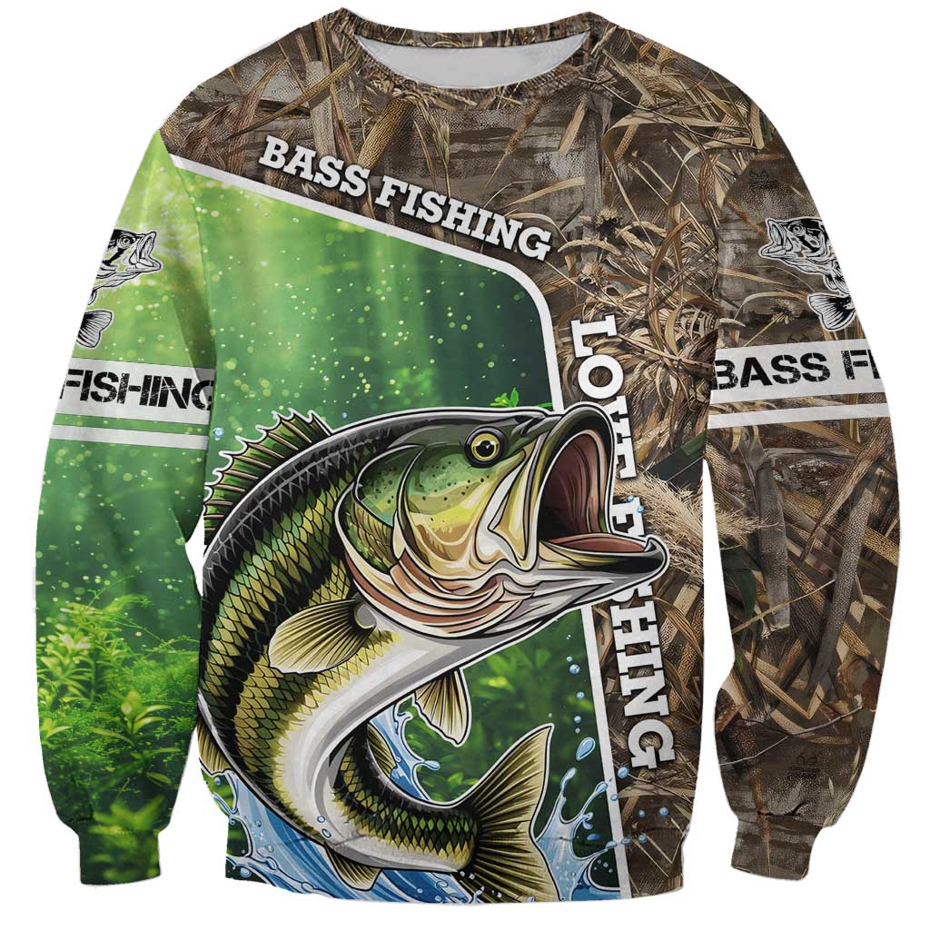 Personalized Bass Fishing Design Sweatshirt Leaping Fish Graphic and Camouflage Green Water Splash Print - Wonder Print Shop