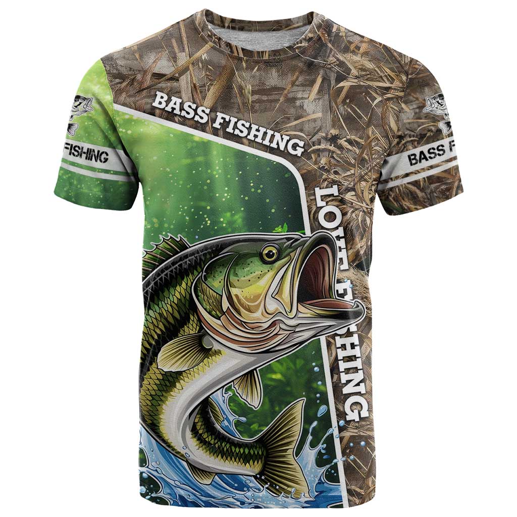 Personalized Bass Fishing Design T Shirt Leaping Fish Graphic and Camouflage Green Water Splash Print - Wonder Print Shop