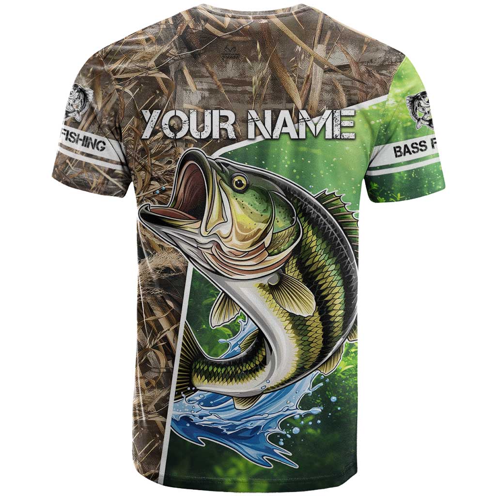 Personalized Bass Fishing Design T Shirt Leaping Fish Graphic and Camouflage Green Water Splash Print - Wonder Print Shop