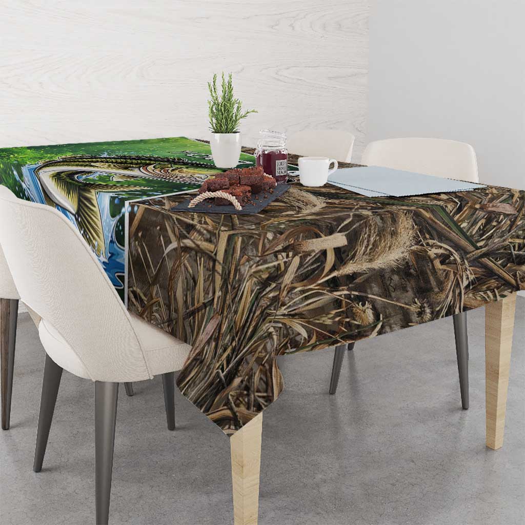 Personalized Bass Fishing Design Tablecloth Leaping Fish Graphic and Camouflage Green Water Splash Print - Wonder Print Shop