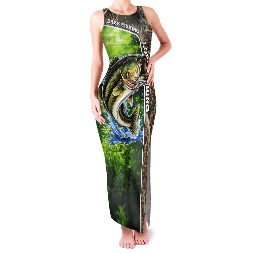 Personalized Bass Fishing Design Tank Maxi Dress Leaping Fish Graphic and Camouflage Green Water Splash Print - Wonder Print Shop