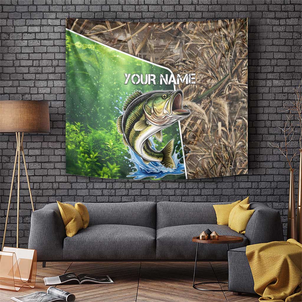 Personalized Bass Fishing Design Tapestry Leaping Fish Graphic and Camouflage Green Water Splash Print - Wonder Print Shop