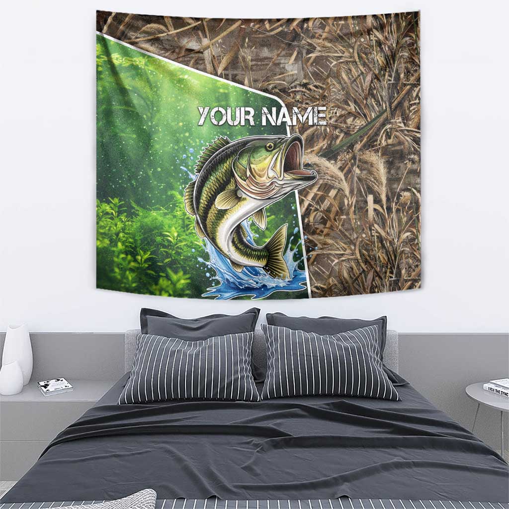 Personalized Bass Fishing Design Tapestry Leaping Fish Graphic and Camouflage Green Water Splash Print - Wonder Print Shop