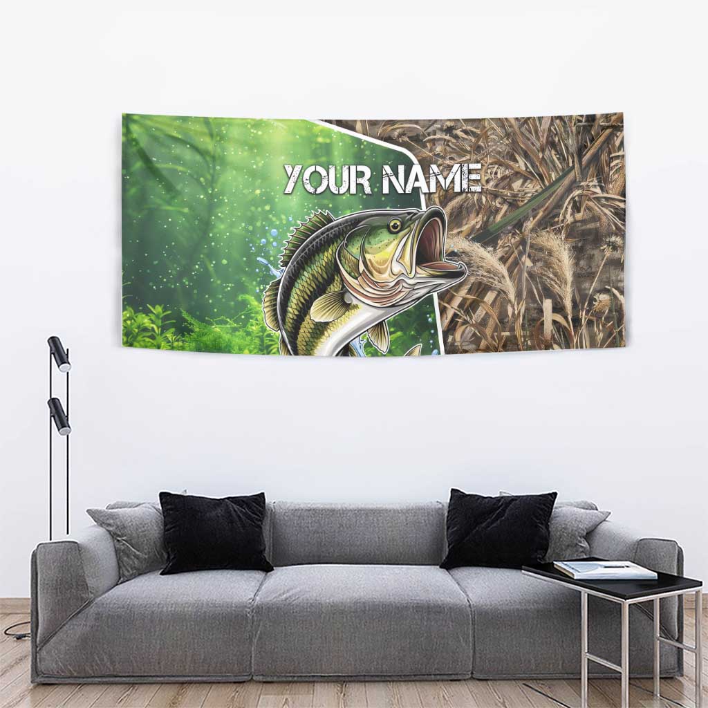 Personalized Bass Fishing Design Tapestry Leaping Fish Graphic and Camouflage Green Water Splash Print - Wonder Print Shop