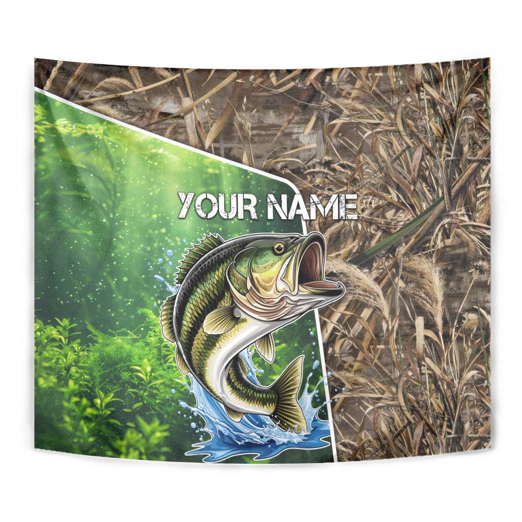 Personalized Bass Fishing Design Tapestry Leaping Fish Graphic and Camouflage Green Water Splash Print - Wonder Print Shop