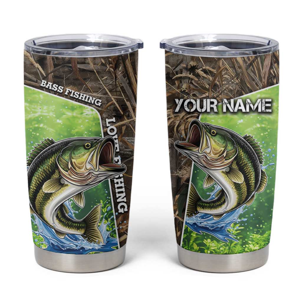 Personalized Bass Fishing Design Tumbler Cup Leaping Fish Graphic and Camouflage Green Water Splash Print - Wonder Print Shop