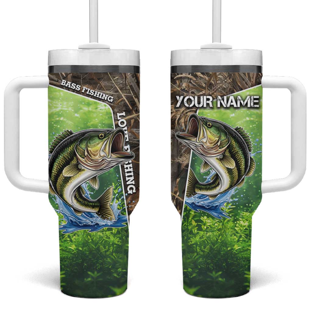 Personalized Bass Fishing Design Tumbler With Handle Leaping Fish Graphic and Camouflage Green Water Splash Print - Wonder Print Shop