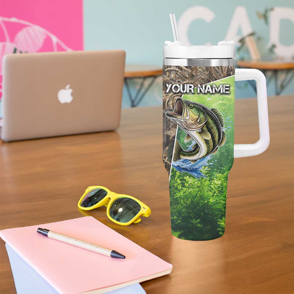 Personalized Bass Fishing Design Tumbler With Handle Leaping Fish Graphic and Camouflage Green Water Splash Print - Wonder Print Shop