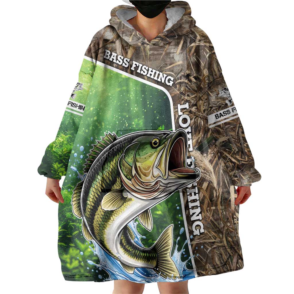 Personalized Bass Fishing Design Wearable Blanket Hoodie Leaping Fish Graphic and Camouflage Green Water Splash Print - Wonder Print Shop