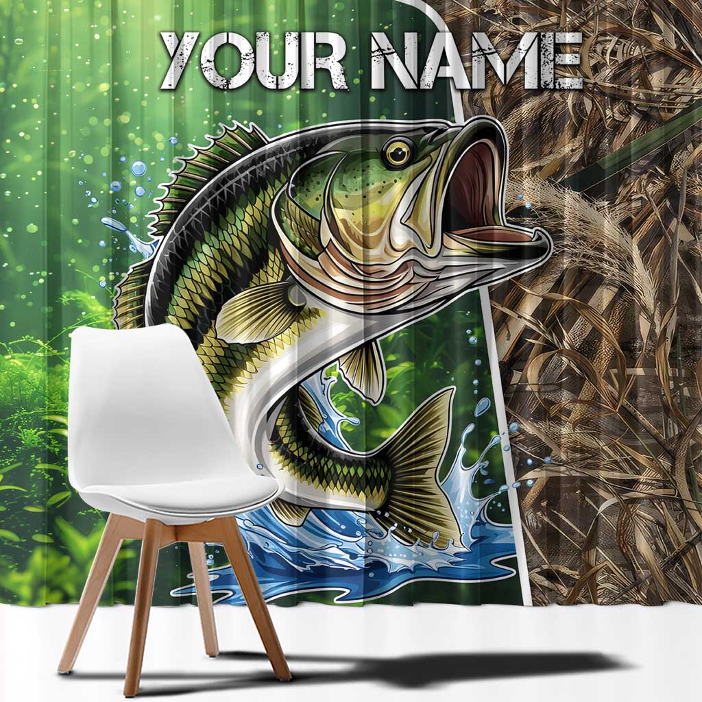 Personalized Bass Fishing Design Window Curtain Leaping Fish Graphic and Camouflage Green Water Splash Print - Wonder Print Shop