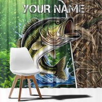 Personalized Bass Fishing Design Window Curtain Leaping Fish Graphic and Camouflage Green Water Splash Print - Wonder Print Shop