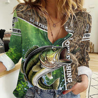Personalized Bass Fishing Design Women Casual Shirt Leaping Fish Graphic and Camouflage Green Water Splash Print - Wonder Print Shop