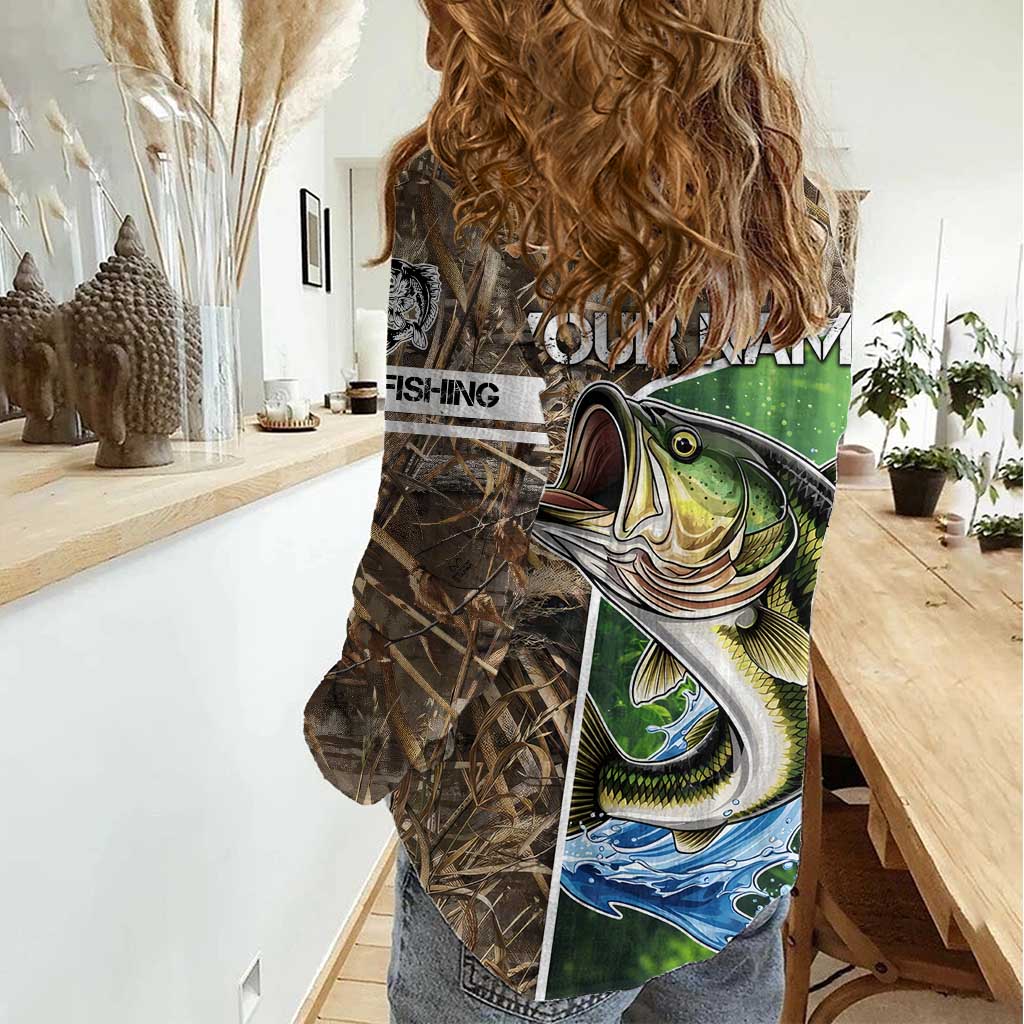 Personalized Bass Fishing Design Women Casual Shirt Leaping Fish Graphic and Camouflage Green Water Splash Print - Wonder Print Shop