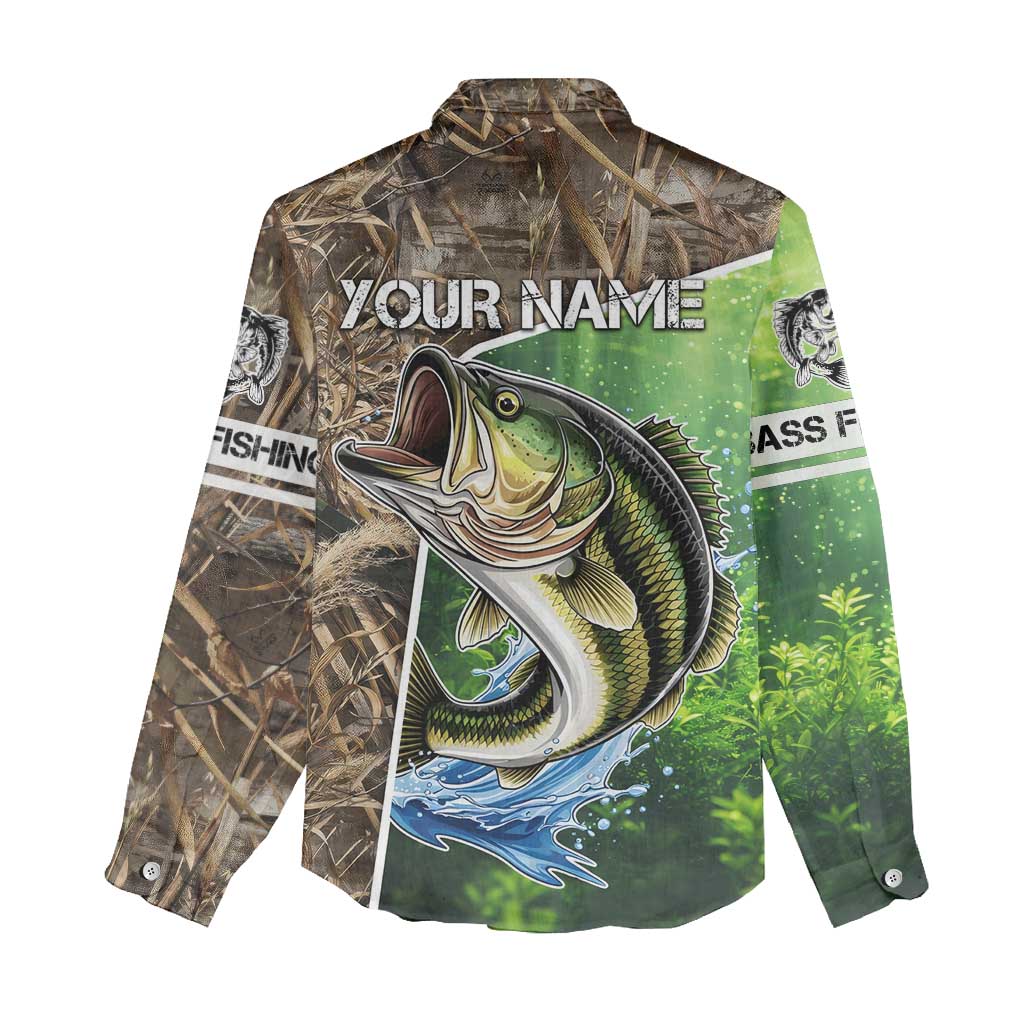 Personalized Bass Fishing Design Women Casual Shirt Leaping Fish Graphic and Camouflage Green Water Splash Print - Wonder Print Shop