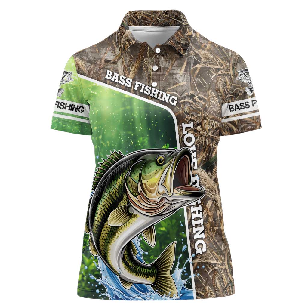 Personalized Bass Fishing Design Women Polo Shirt Leaping Fish Graphic and Camouflage Green Water Splash Print - Wonder Print Shop